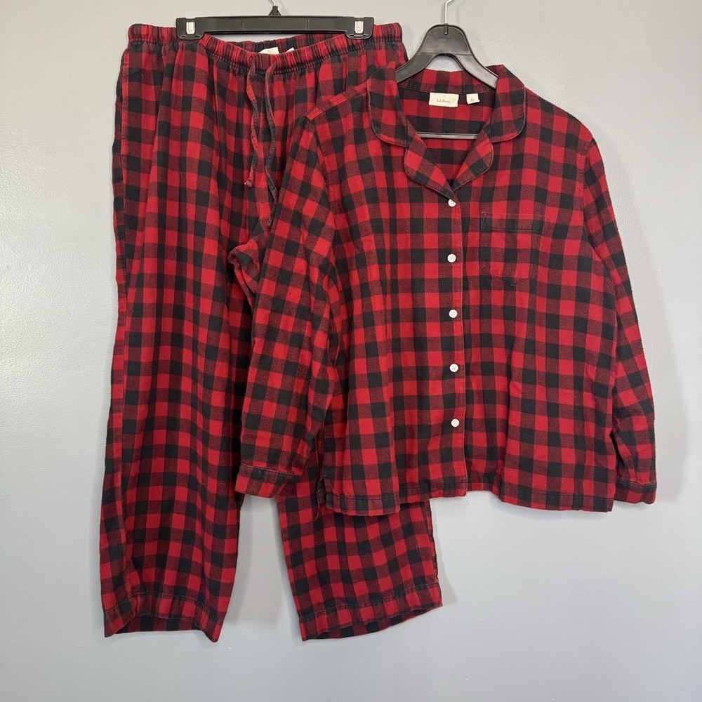 L.L.Bean Two Piece Pajama Set‎ Womens Size XL PET Red Plaid Fleece Pajamas Pjs